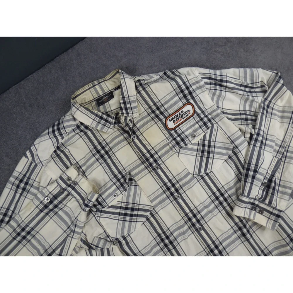 Harley-Davidson Racing Mens Plaid Button Down Shirt Cream Black Long Sleeve 2XL